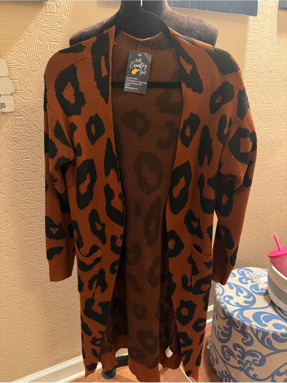 Rust Leopard Print Open-Front Knit Cardigan Sweater